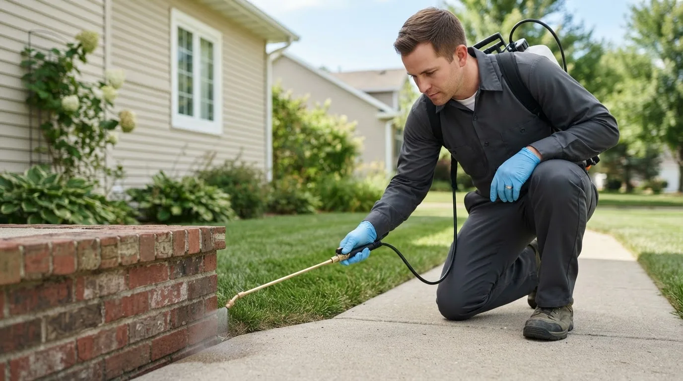 Pest control technician treating a home near Grandfalls, TX