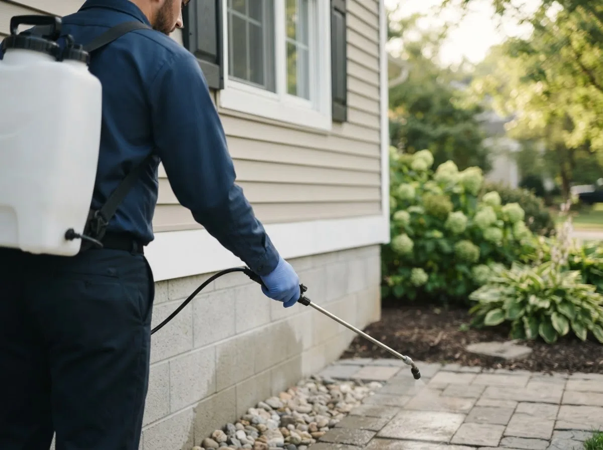 Pest control technician inspecting a home in Grandfalls, TX